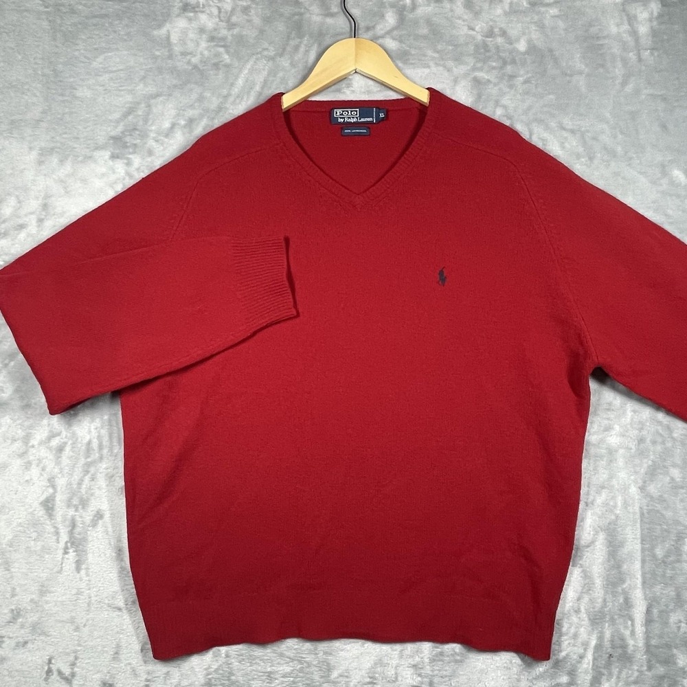 Polo Ralph Lauren Mens XL Red 100% Lambswool V-Neck Sweater Navy Pony Logo